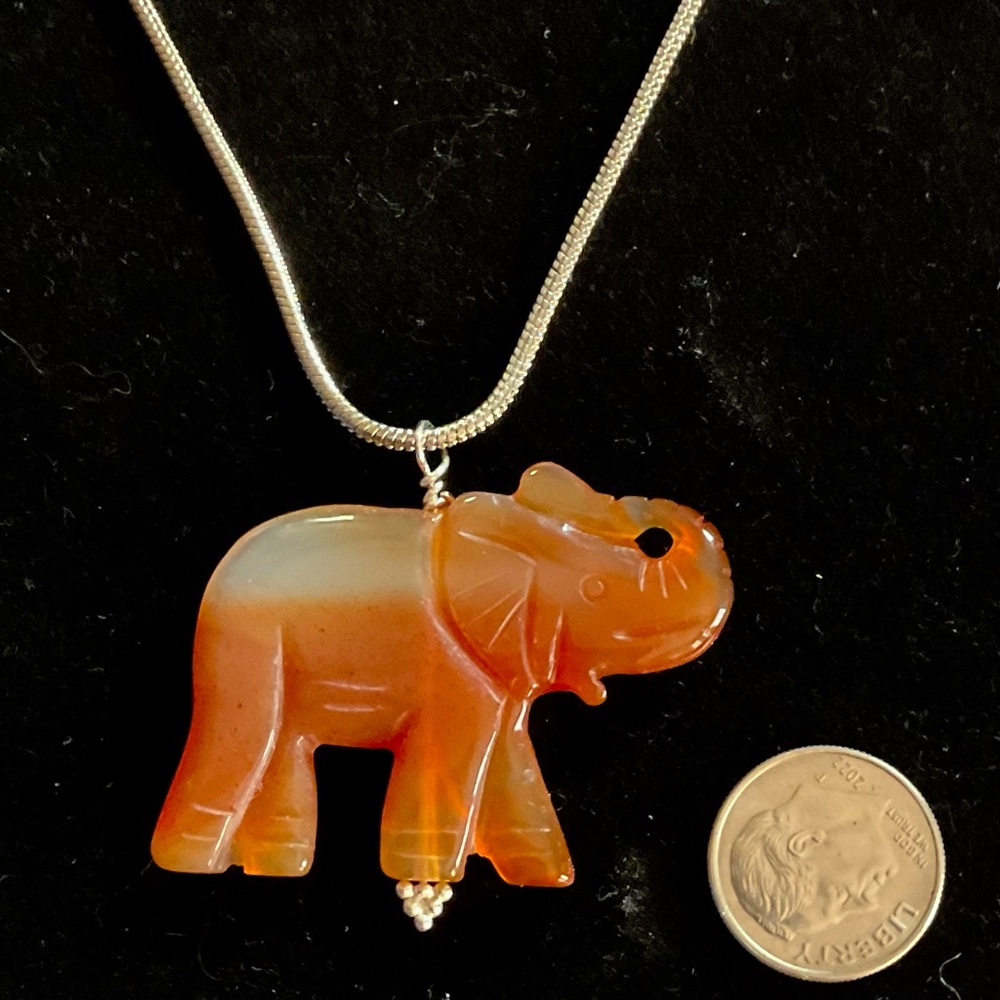 Elegant Vintage Carved Carnelian Elephant on 17” 925 Snake Chain